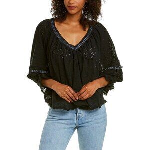 Free People Darcy Cotton Eyelet V-Neck Distressed Hem Blouse Sz S